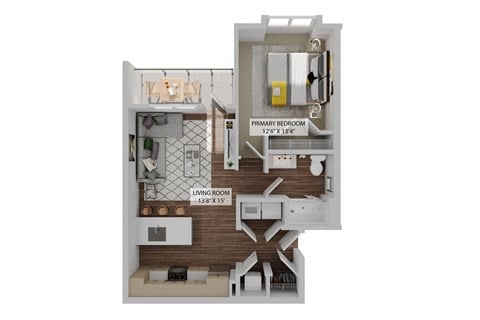 Floor plan for 1 bed, 1 bath, 769 sqft